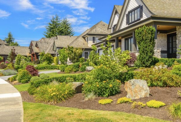 A beautifully maintained residential landscape with lush greenery, trimmed shrubs, and healthy lawns, showcasing the professional work of a Lawn Care Company.