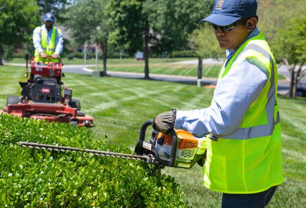 Professionals performing landscape repair services by trimming hedges and mowing lawns to restore a healthy, well-maintained outdoor space