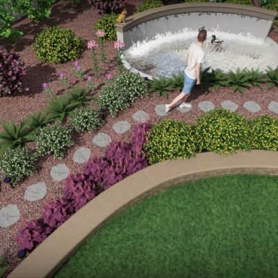 Beautiful garden with stone pathways, flowering plants, and a water feature showcasing professional Landscape Installation Services for a serene outdoor living space.