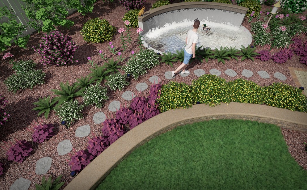 Beautiful garden with stone pathways, flowering plants, and a water feature showcasing professional Landscape Installation Services for a serene outdoor living space.