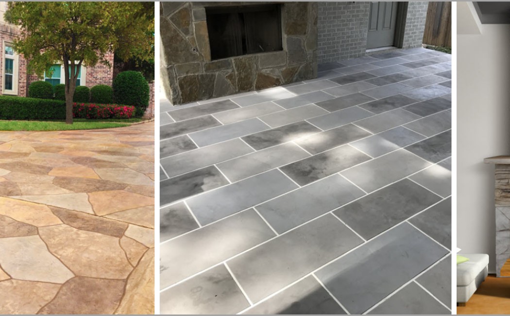 Professional Decorative Concrete showcasing elegant stamped outdoor pathways, sleek modern concrete flooring, and a refined stone-style fireplace finish for residential spaces.